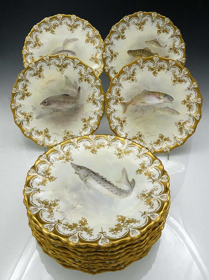 Royal Doulton for Tiffany & Co hand painted gold plates for fish S Wilson